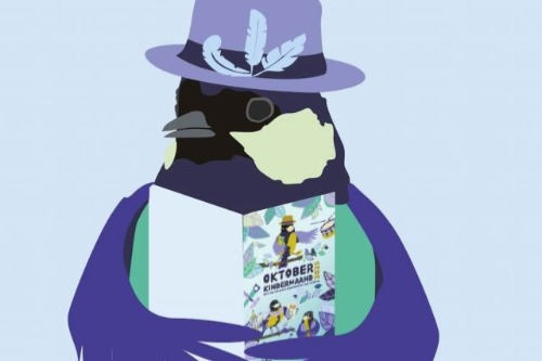 Getekende vogel kijkt in boekje Oktober Kindermaand